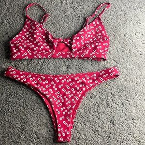 red bathing suit, two piece, and a size small!